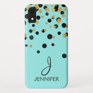 Teal and Gold Foil Girly Confetti Monogram iPhone XR Case