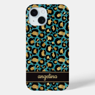 Teal And Gold Foil Leopard Print Monogrammed iPhone 15 Case
