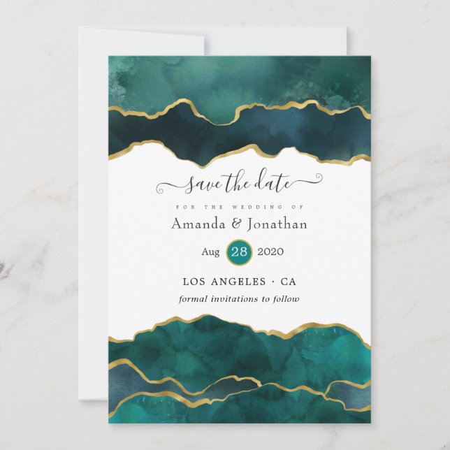 Teal and Gold Geode Agate Wedding Save The Date (Front)