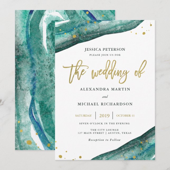 Teal and Gold Geode with Guest's Name | Wedding Invitation (Front/Back)