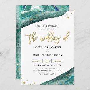 Teal and Gold Geode with Guest's Name   Wedding Invitation