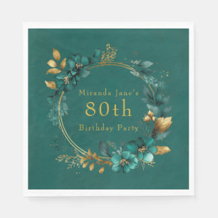 Teal and Gold Geometric Floral 80th Birthday Party Napkin