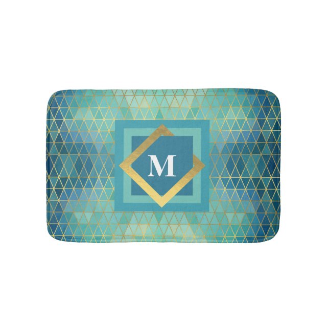 Teal and Gold Geometric Triangle Any Monogram Bath Mat (Front)
