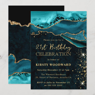 Teal and Gold Glitter Agate Birthday Party Invitation