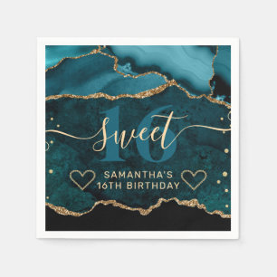 Teal and Gold Glitter Agate Marble Sweet 16  Napkin