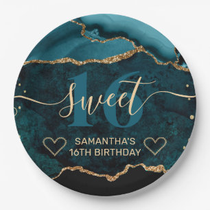 Teal and Gold Glitter Agate Marble Sweet 16 Paper Plate