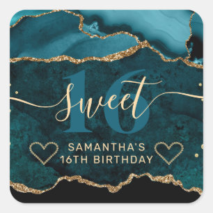 Teal and Gold Glitter Agate Marble Sweet 16  Square Sticker