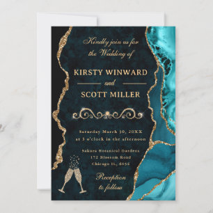 Teal and Gold Glitter Agate & Marble Wedding Invitation