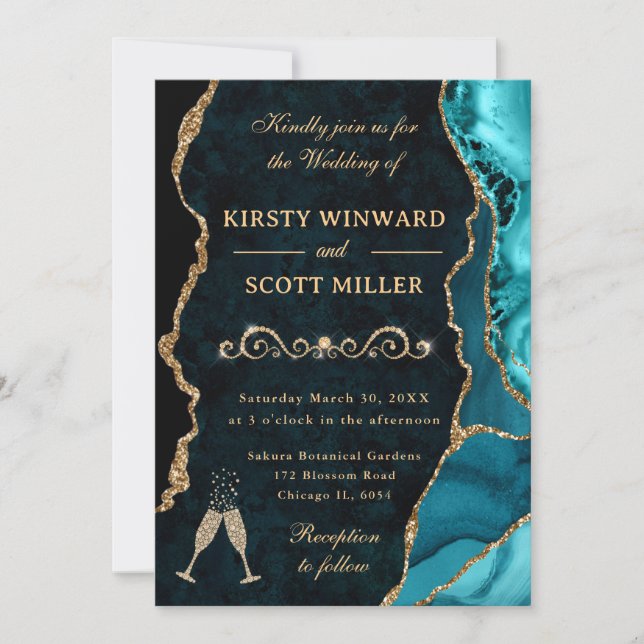 Teal and Gold Glitter Agate & Marble Wedding Invitation (Front)
