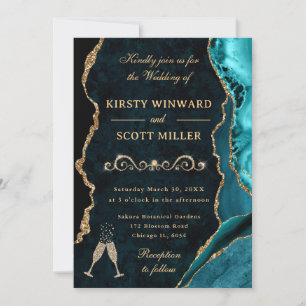 Teal and Gold Glitter Agate & Marble Wedding Invitation