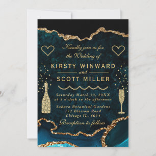 Teal and Gold Glitter Agate Marble Wedding Invitation