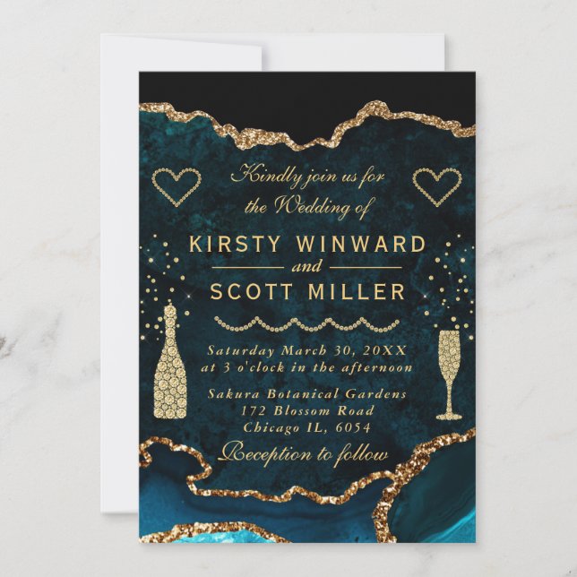 Teal and Gold Glitter Agate Marble Wedding Invitation (Front)