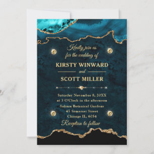 Teal and Gold Glitter Agate Marble Wedding Invitation
