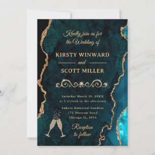 Teal and Gold Glitter Agate & Marble Wedding Invitation