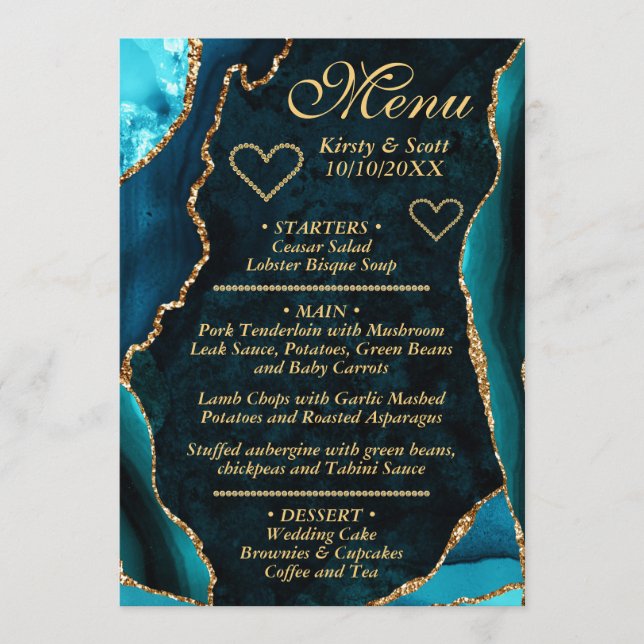 Teal and Gold Glitter Agate Marble Wedding Menu (Front)