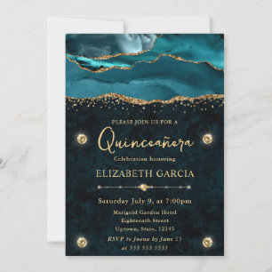 Teal and Gold Glitter Agate Quinceanera Invitation
