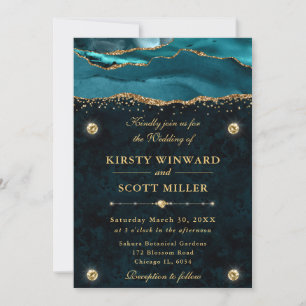 Teal and Gold Glitter Agate Wedding Invitation