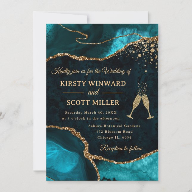 Teal and Gold Glitter Agate Wedding Invitation (Front)
