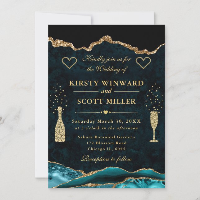 Teal and Gold Glitter Agate Wedding Invitation (Front)
