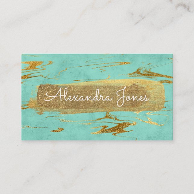 Teal and Gold Glitter and Sparkle Marble Business Card (Front)