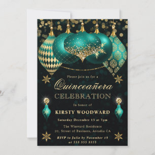 Teal and Gold Glitter Baubles Quinceanera Invitation