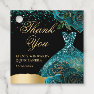 Teal and Gold Glitter Dress Glam Roses Quinceanera Favour Tags