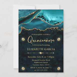 Teal and Gold Glitter Elegant Quinceanera Invitation