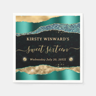Teal and Gold Glitter Glam Tears Bokeh Sweet 16 Napkin