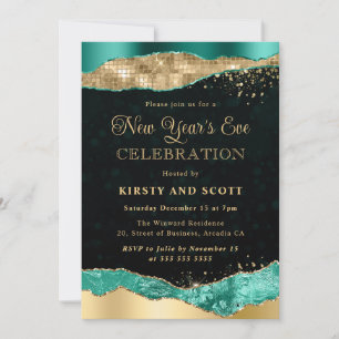 Teal and Gold Glitter Glam Tears New Year's Eve Invitation