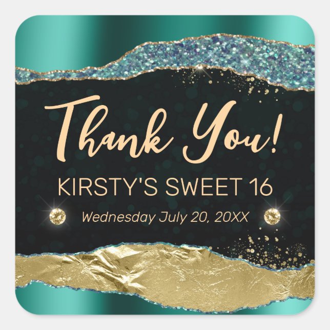 Teal and Gold Glitter Glam Tears Sweet Sixteen Square Sticker (Front)