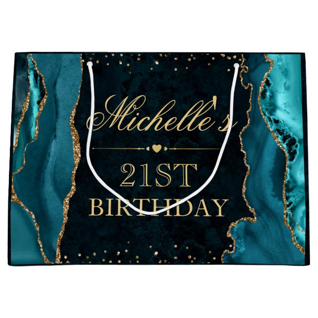 Teal and Gold Glitter Marble Agate Birthday Large Gift Bag (Front)