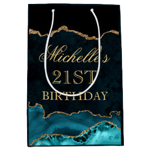 Teal and Gold Glitter Marble Agate Birthday Medium Gift Bag