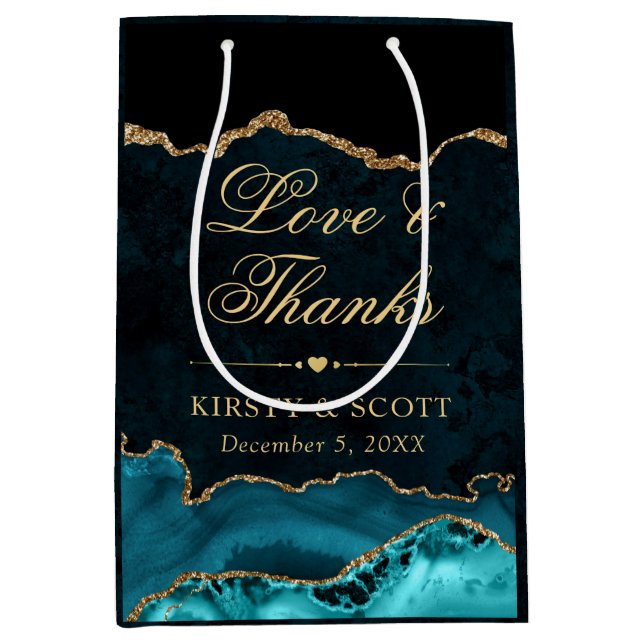 Teal and Gold Glitter Marble Agate Wedding Medium Gift Bag (Front)