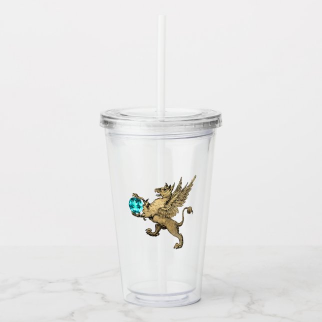 Teal and Gold Heraldic Griffon and Aquamarine Gem Acrylic Tumbler (Front)