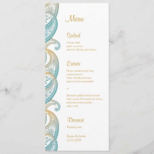 Teal and Gold Indian Paisley Wedding Menu (Front)