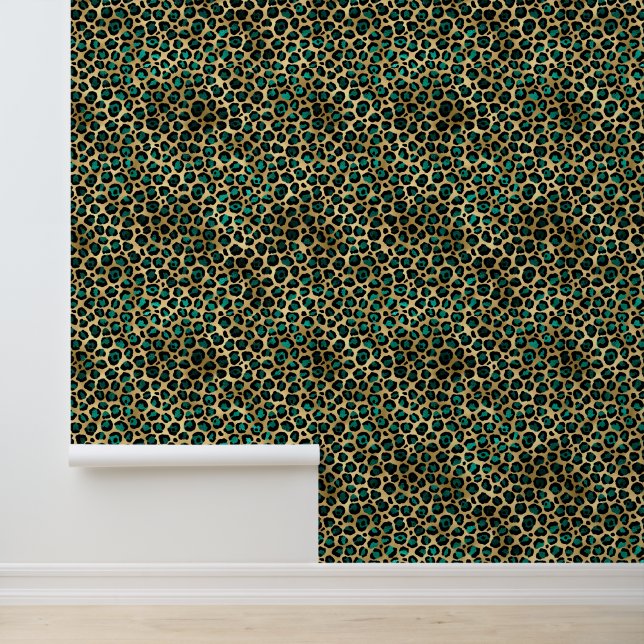Teal and gold leopard animal print pattern wallpaper (Application)