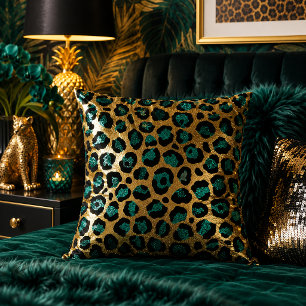 Teal and Gold Leopard Print Animal Pattern Throw Pillow