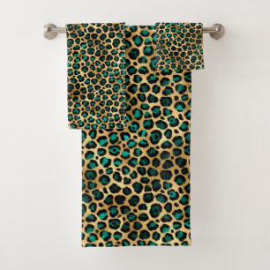 Teal and Gold Leopard Series Design 14 Bath Towel Set