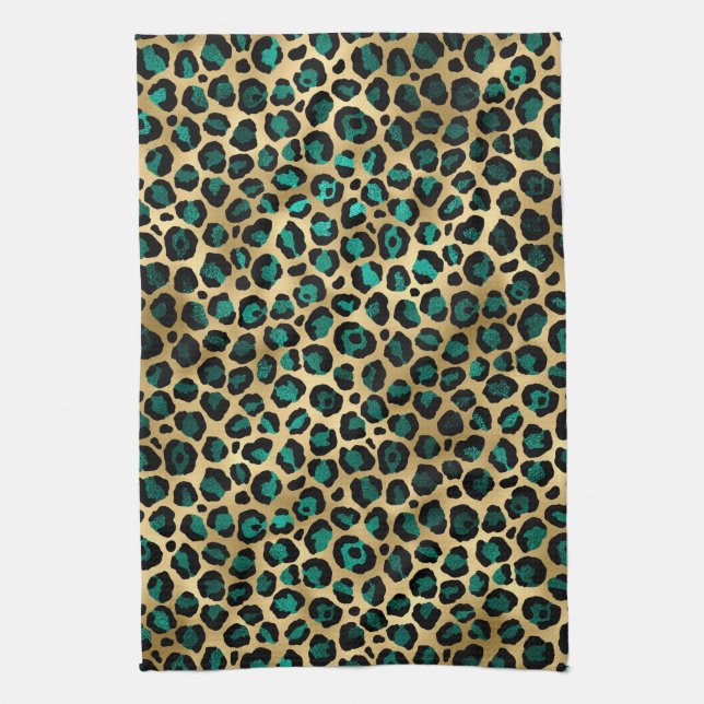 Teal and Gold Leopard Series Design 14 Kitchen Towel (Vertical)