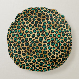 Teal and Gold Leopard Series Design 14 Round Pillow