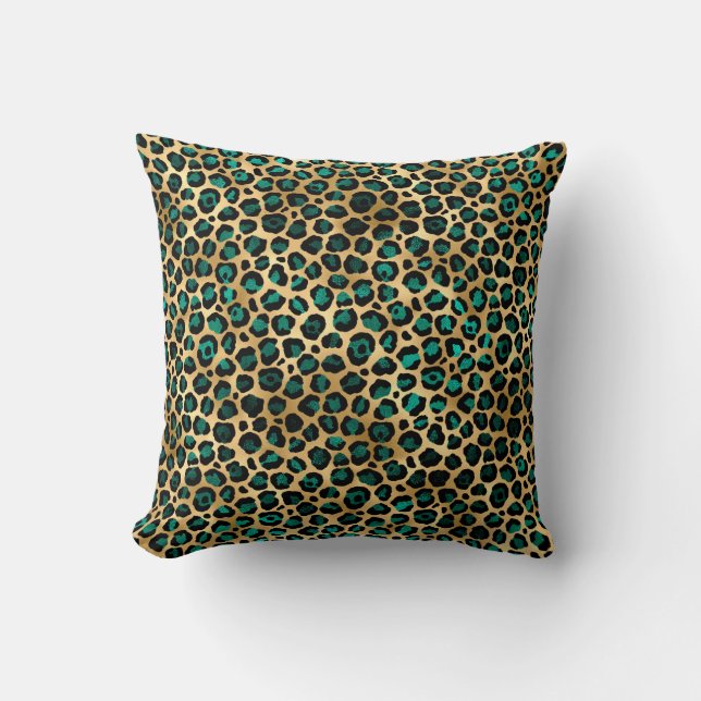 Teal and Gold Leopard Series Design 14 Throw Pillow (Front)