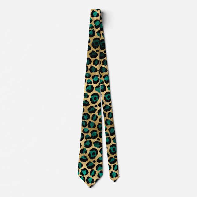 Teal and Gold Leopard Series Design 14  Tie (Front)