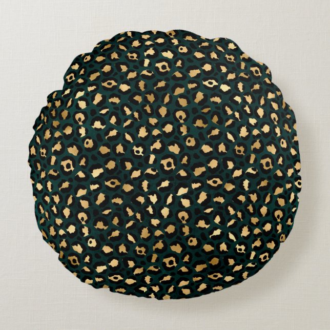 Teal and Gold Leopard Series Design 1 Round Pillow (Front)