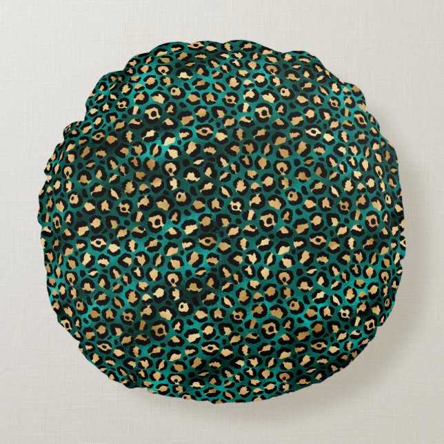 Teal and Gold Leopard Series Design 3 Round Pillow (Front)