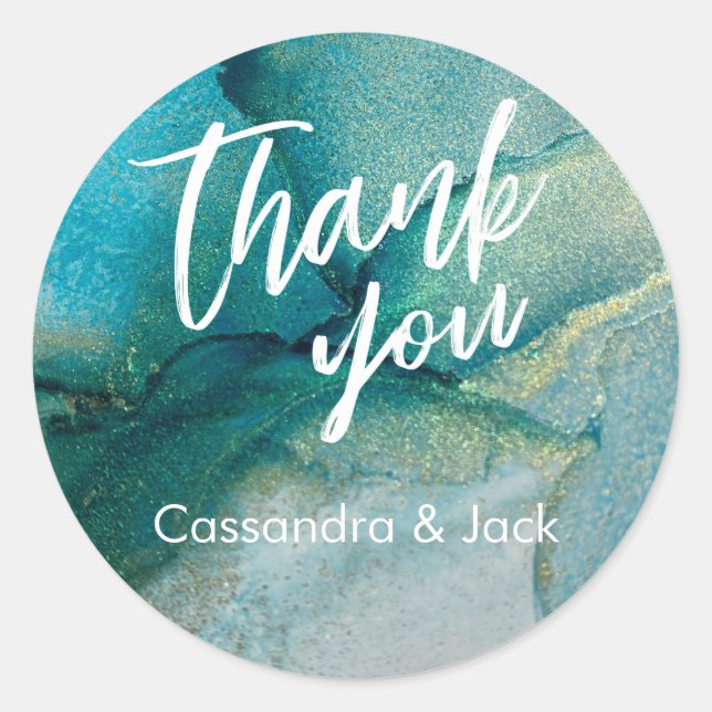 Teal and Gold Liquid Abstract Art Casual Hand Classic Round Sticker (Front)