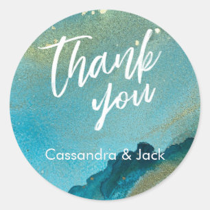 Teal and Gold Liquid Abstract Art Casual Hand Classic Round Sticker