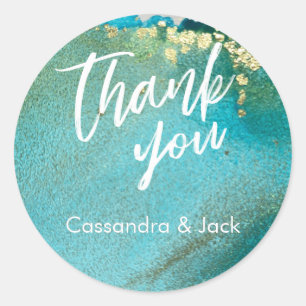 Teal and Gold Liquid Abstract Art Casual Hand Classic Round Sticker
