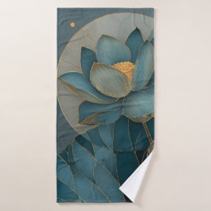 Teal and Gold Lotus Flower Geometric Line Art Zen Bath Towel