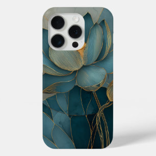 Teal and Gold Lotus Flower Geometric Line Art Zen iPhone 15 Pro Case