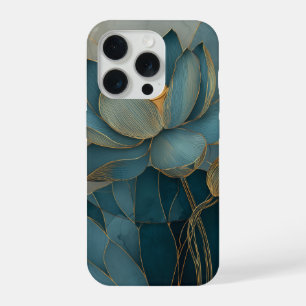 Teal and Gold Lotus Flower Geometric Line Art Zen iPhone 15 Pro Case